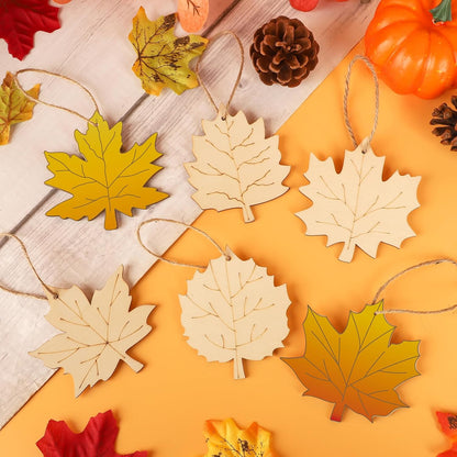 24 PCS Unfinished Wooden Fall Crafts, Maple Leaves Shaped Hanging Ornaments DIY Wood Craft Cutouts for Fall Home Decor (Leaves)