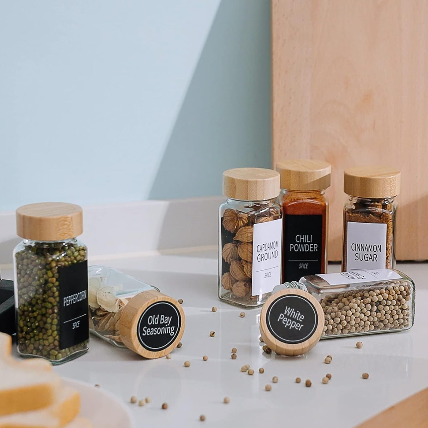 Churboro 24 Spice Jars with Labels & Bamboo Lids - 4 Oz Glass Containers with Shaker Lids, 547 Spice Labels of 3 Different Types Seasoning Jars for Spice Rack, Cabinet, or Drawer