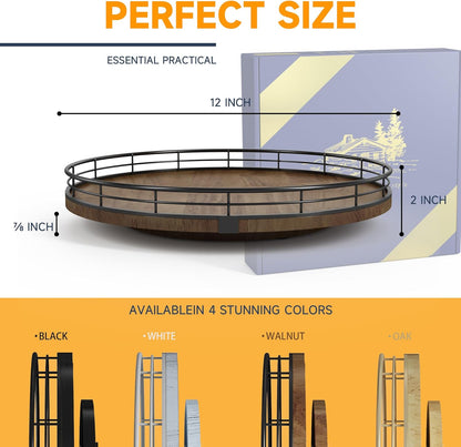 Farmhouse Oak 12" Lazy Susan Turntable Organizer for Cabinet, Round Wooden Lazy Susan Organization and Storage for Dining Table, Pantry, Kitchen, Countertop, Cupboard,Home Decor, Walnut Wood