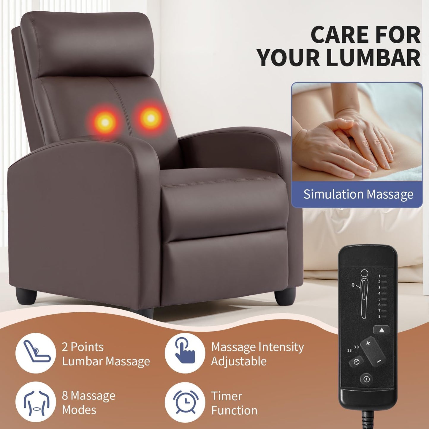 BestMassage | Recliner Chair | with 2 Point Massage Function | Leather Dark Brown | with Lumbar Support, Adjustable Push Back, Footrest & Padded Seat | Easy Assembly | for Living Room, Home Theatre