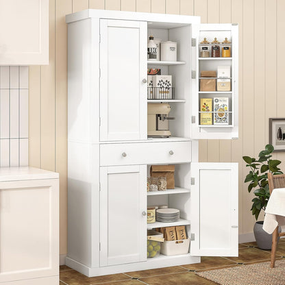 usikey 72” Pantry Cabinet, Tall Kitchen Storage Cabinet with 4 Doors and 1 Drawer, Cupboard with 6 Hanging Shelves and Adjustable Shelves for Kitchen, Dining Room, Living Room, White