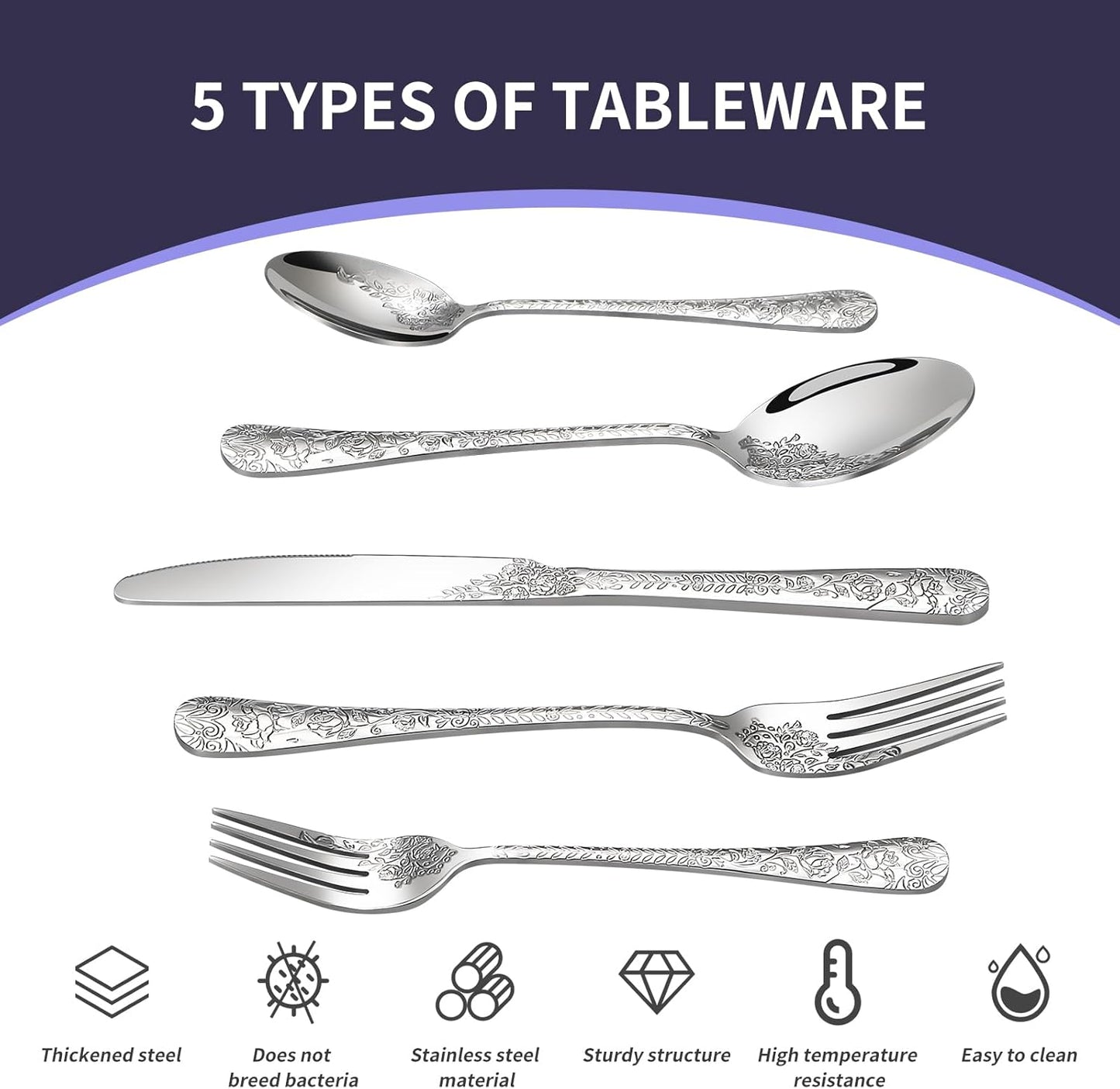 Floral 20 Pcs Silverware Set for 4, Food Grade Stainless Steel Flatware Set with Rose Flower Embossed Design, Eating Utensils Sets Include Fork/Knife/Spoon, Reusable Cutlery Set, Dishwasher Safe