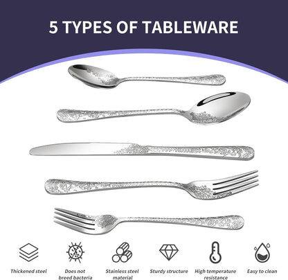 Floral 20 Pcs Silverware Set for 4, Food Grade Stainless Steel Flatware Set with Rose Flower Embossed Design, Eating Utensils Sets Include Fork/Knife/Spoon, Reusable Cutlery Set, Dishwasher Safe