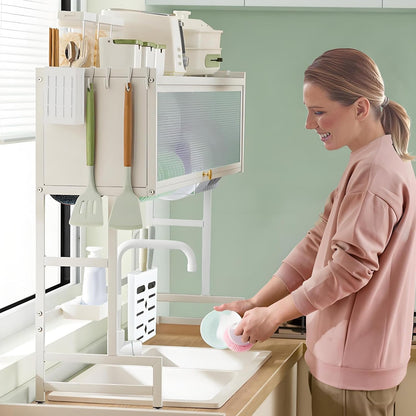 Dish Drying Rack, 3-Tier Over Sink Dish Drying Rack, 33.5" Sink Dish Rack for Small Kitchen, Space-Saving Sink Dish Rack with Cover, Baskets, Utensil, Large Kitchen Storage Organizer White