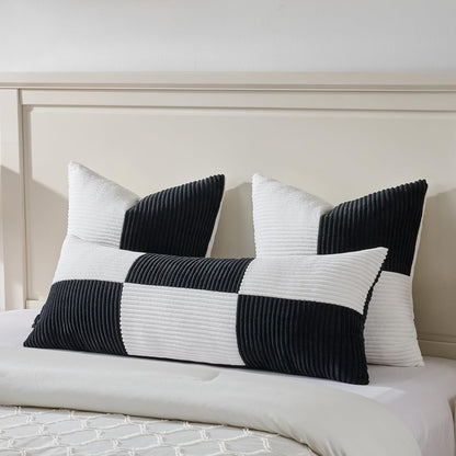 Fancy Homi Set of 2 Black White Euro Decorative Throw Pillow Covers 28x28 Inch for Bedroom Couch Bed, Farmhouse Boho Home Decor, Soft Cross Corduroy Patchwork Textured Square Cushion Case 71x71 cm