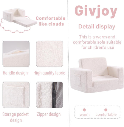 Toddler Chair Sherpa Kids Couch, 2-in-1 Soft Kids Sofa Lounger for Bedroom, Convertible Couch for Girls and Boys, Reading Chair, Beige