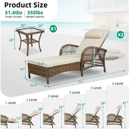 VIVIJASON 3 Pieces Outdoor Wicker Chaise Lounge Chair Set, All-Weather PE Rattan Cushioned Patio Lounger Set of 2 with Side Table, Adjustable Pool Sunbathing Recliner with Armrest & Pillow, Beige