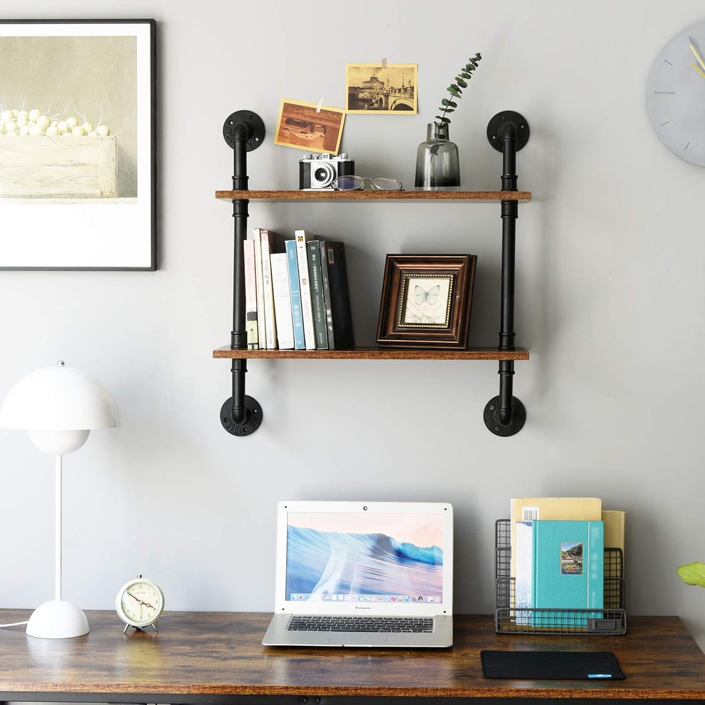 IBUYKE 26" Pipe Floating Shelves,2-Tiers Industrial Pipe Shelves, Rustic Wall Mount Bookshelf,Metal Bracket Storage Wall Shelf for Bedroom, Kitchen, Living Room, Bathroom RF-TM004