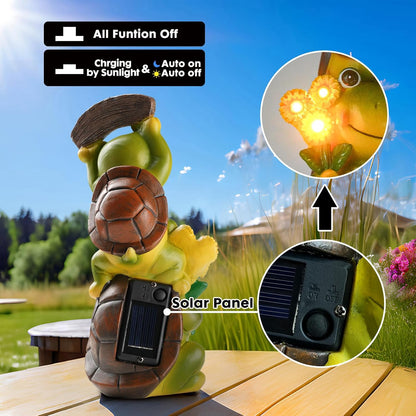 Garden Turtle Outdoor Statues, Solar Garden Statue Two Sweet Frog Face Turtles Decor with 3 LED Lights, Unique Art Resin Gifts for Patio Lawn Porch Yard
