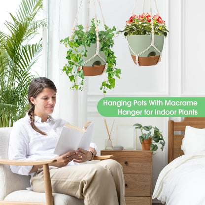 Hanging Planters for Indoor Outdoor Plants, 2 Pack Self Watering Hanging Pot with Drainage Holes, Removable Tray & 2 Kinds of Plant Hangers, 10'' Hanging Flower Pots for Home Garden Decor, Green
