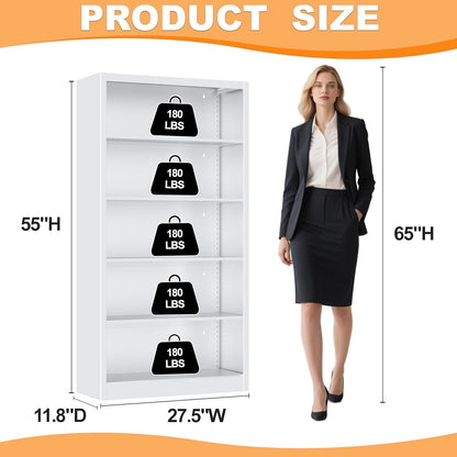 White Bookshelf, 55” Adjustable Tall Metal Bookshelf, 5-Tier Wide Bookshelf with Anti-Tilt Device, Modern Book Cases and Book Shelves for Bedroom, Living Room, Playroom, Study