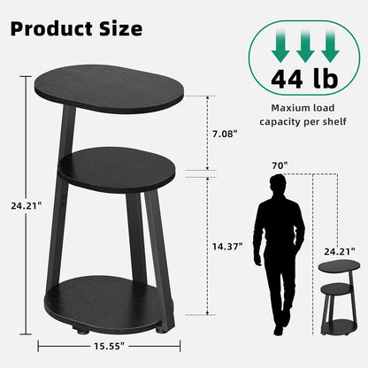 Side Table, Small End Table with Metal Frame, 3-Tier Bedside Tables, Round Side Tables for Living Room Bedroom Couch Bathroom, Oval, Pure Black