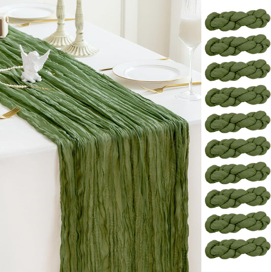 Sioloc 10 Pack Moss Green Cheesecloth Table Runner Fall Autumn Decor for Home 10ft Table Cloth for Tea Wedding Birthday Party Baby Bridal Shower Halloween Thanksgiving