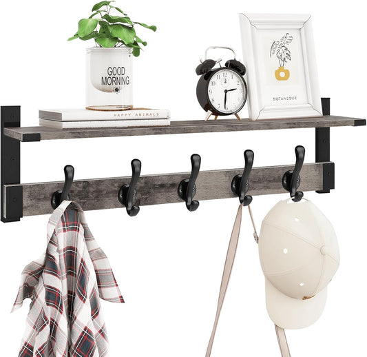 Homode Coat Rack Wall Mount with Shelf, 29 Inch Wood Wall Shelf with Hooks, Entryway Coat Hanger Wall Mount with 5 Hangers for Bathroom, Bedroom, Living Room, Grey