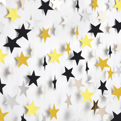 Patelai Glitter Star Garland Banner Decor 130 Feet Star Hanging Bunting Banner Twinkle Backdrop for Homecoming Classroom Wedding Birthday Halloween Christmas Party Supplies(Silver Gold Black)