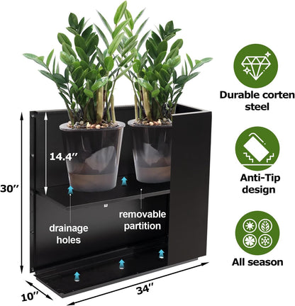 Large Rectangular Metal Planter Box Outdoor 30" H x 34" W x 10" D,Tall Flower Pot with Quick Installation,Long Black Planters for Outdoor Plants with Drainage Holes for Plants,Patio,Garden