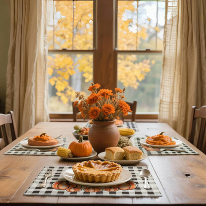 MANSPHIL Gingham Pumpkin Placemats Set of 4 for Thanksgiving Fall Theme Decor - Farmhouse Cotton Faux Linen Table Place Mats for Dining Kitchen Washable - 13x19 Inch