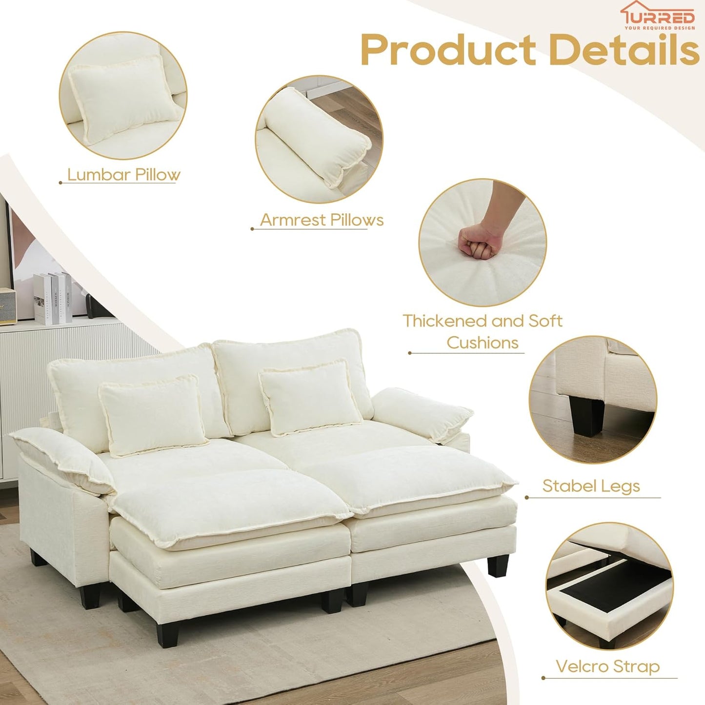 URRED Modular Sectional Sofa Comfy Cloud Couch, Modern Chenille Sofa Sleeper Deep Seat Couches with Ottoman/Pillows for Living Room (White, 82.6''- 2 Ottomans)