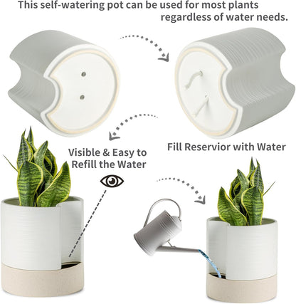 Nihow Self Watering Plant Pot: 8 Inch Ceramic Planter with Drainage Hole & Water Storage Plus for Indoor & Outdoor Plants - Cylinder Round Flower Pot for Succulent/Herbs/Violets - White & Brown
