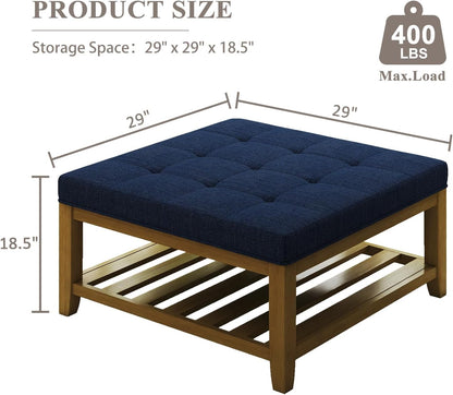 Large Square Ottoman Coffee Table, Linen Solid Upholstered Footrest Ottoman with Solid Wood Shelf Storage Tufted Coffee Table for Bedroom Living Room, Navy Blue