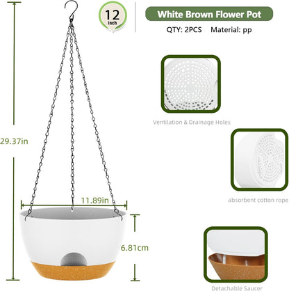 12 Inch Hanging Baskets 2 PC with Chains, Self-Watering Hanging Planters for Indoor Outdoor Plants, Plastic Hanging Flower Pots,White Brown