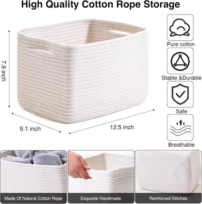 Storage Baskets for Organizing, Woven Basket for Storage, Storage Baskets Bin for Shelves, Cotton Rope Basket with Handles, 12.5"Lx9.1"Wx7.9"H, (4 Packs) Off White