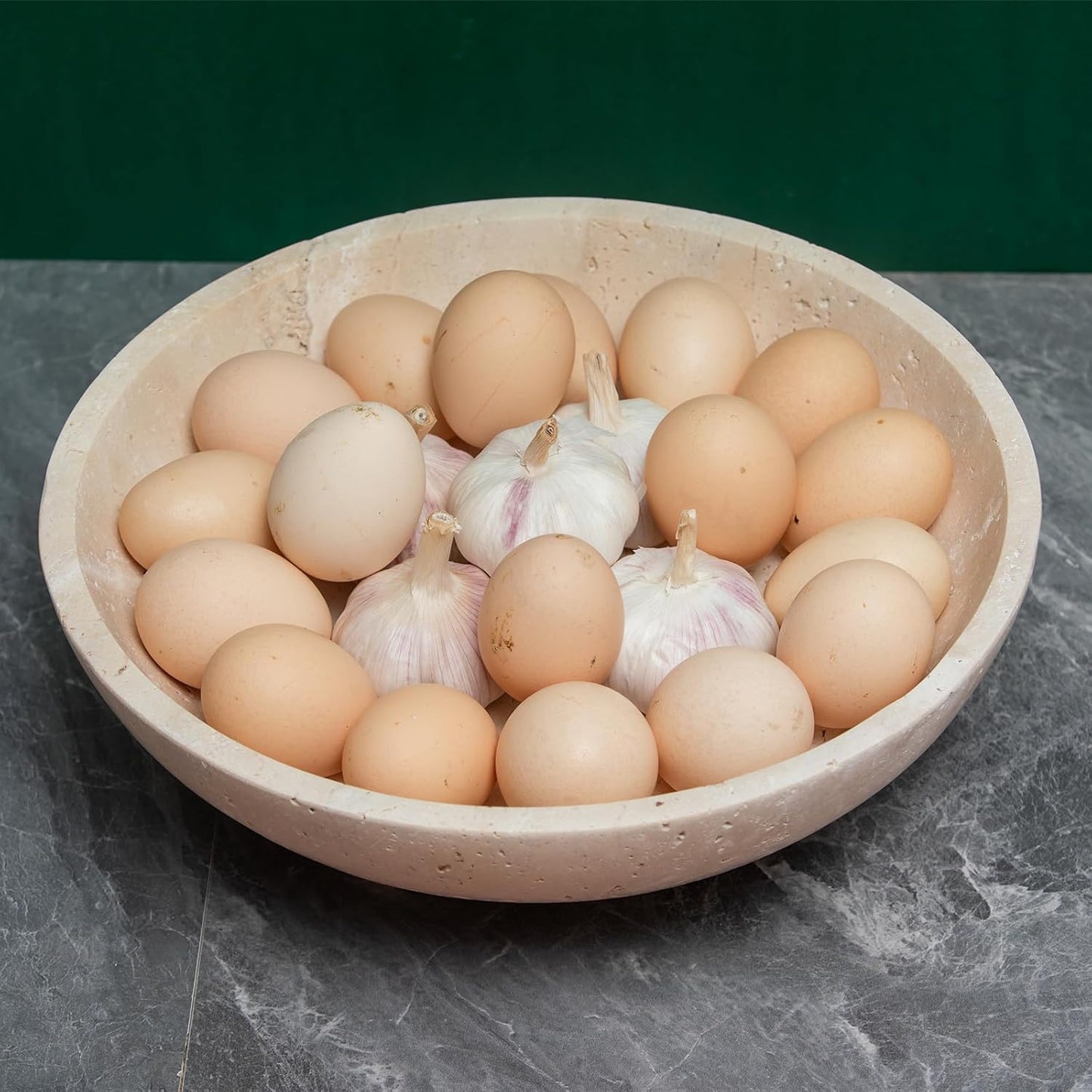 Natural Travertine Fruit Bowl 11.8" – Large Decorative Bowl & Travertine Decor Pedestal for Kitchen Counter & Dining Table ,For Entryway, Kitchen Fruit Bowl, Potpourri, Dining Table Centerpiece.