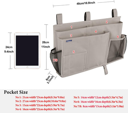 Surblue Bedside Caddy Hanging Bed Organizer Storage Bag Pocket for Bunk and Hospital Beds, College Dorm Rooms Baby Bed Rails,Camp (8 Pockets),Gray