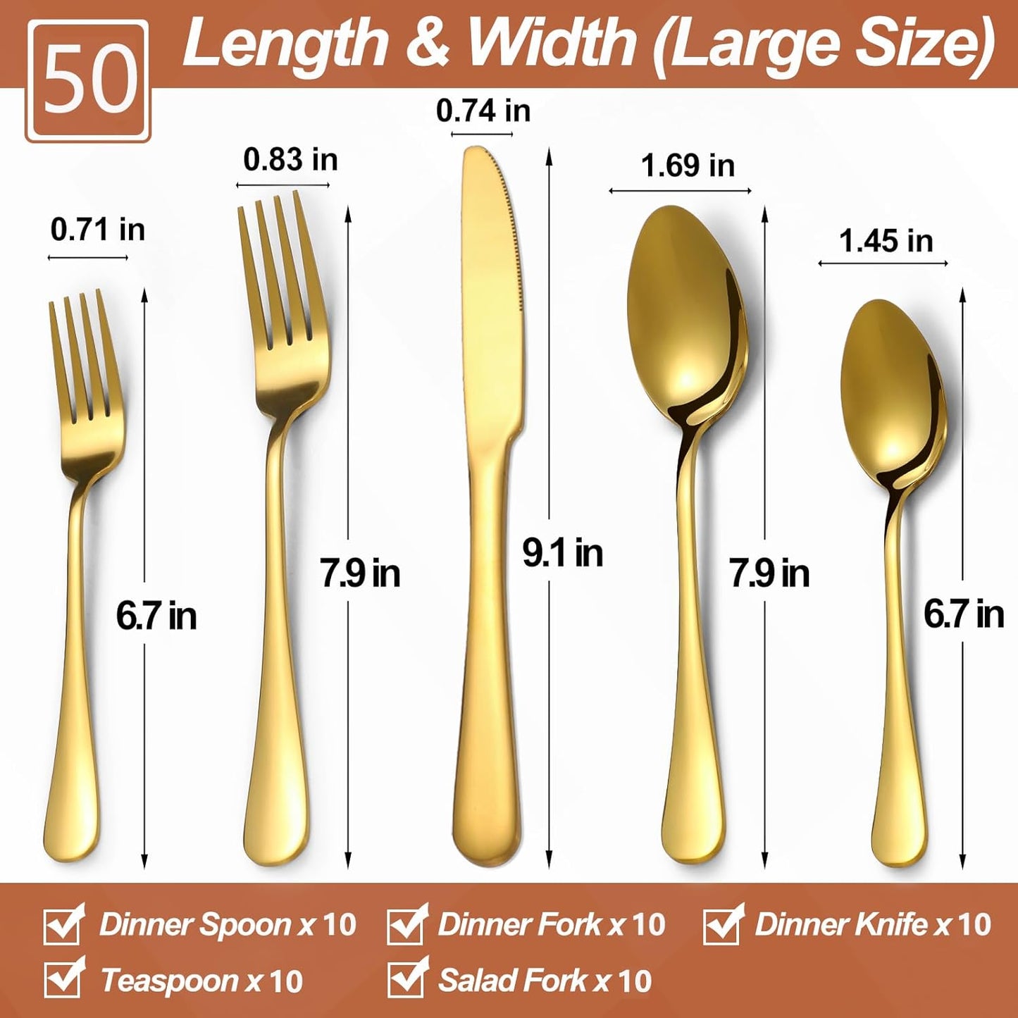 Lazycorner 50 Pcs Gold Silverware Set for 10, Food Grade Stainless Steel Flatware Set Include Fork/Knife/Spoon, Mirror Polished Eating Utensils Sets, Reusable Silverwear Cutlery Set, Dishwasher Safe