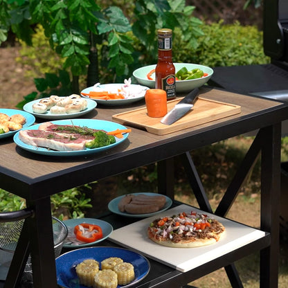 PHI VILLA Outdoor Grill Table, Elegant Grill Cart with Ceramic Wood Grain Table Top, Serving Cart with Shelves, Patio Grilling Backyard BBQ Grill Cart, Black