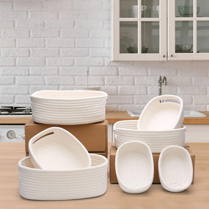 7 Piece Cotton Rope Woven Basket Set - Small Basket for Baby Nursery, Pets, Montessori, Dog & Cat Toy Boxes, Bathroom Organization Bins (White)