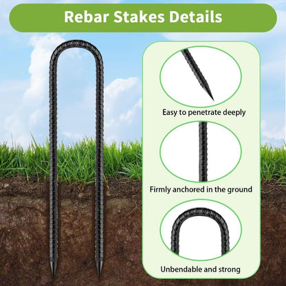 Ground-Stakes-Heavy-Duty-12 inch, U-Hook Rebar Stakes Black Coated Anti-Rust 16pcs Garden Stakes Metal Ground Anchors for Garden Dog Fence Chicken Coop Christmas Decorations Deer Fence