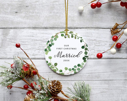 Andaz Press Custom Year Round Ceramic Porcelain Christmas Tree Ornament Keepsake Collectible Gift, Our First Christmas Married 2025, Farmhouse Eucalyptus Wreath, 1-PackCouple