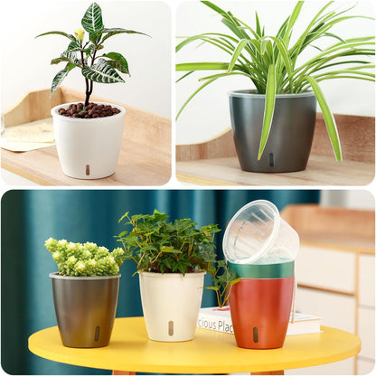 Self Watering Pots for Indoor Plants, 6-Pack 6.7'' Self Watering Planter with Drainage Holes, Small African Violet Pots with Water Indicator, Clear Wick Orchid Pot, Grey Gold