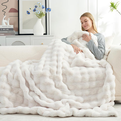 Cozy Bliss Faux Fur Throw Blanket for Couch, Fuzzy Soft Plush Thick Bubble Blanket for Sofa Bedroom Living Room, 60 * 80 Inches Cream White