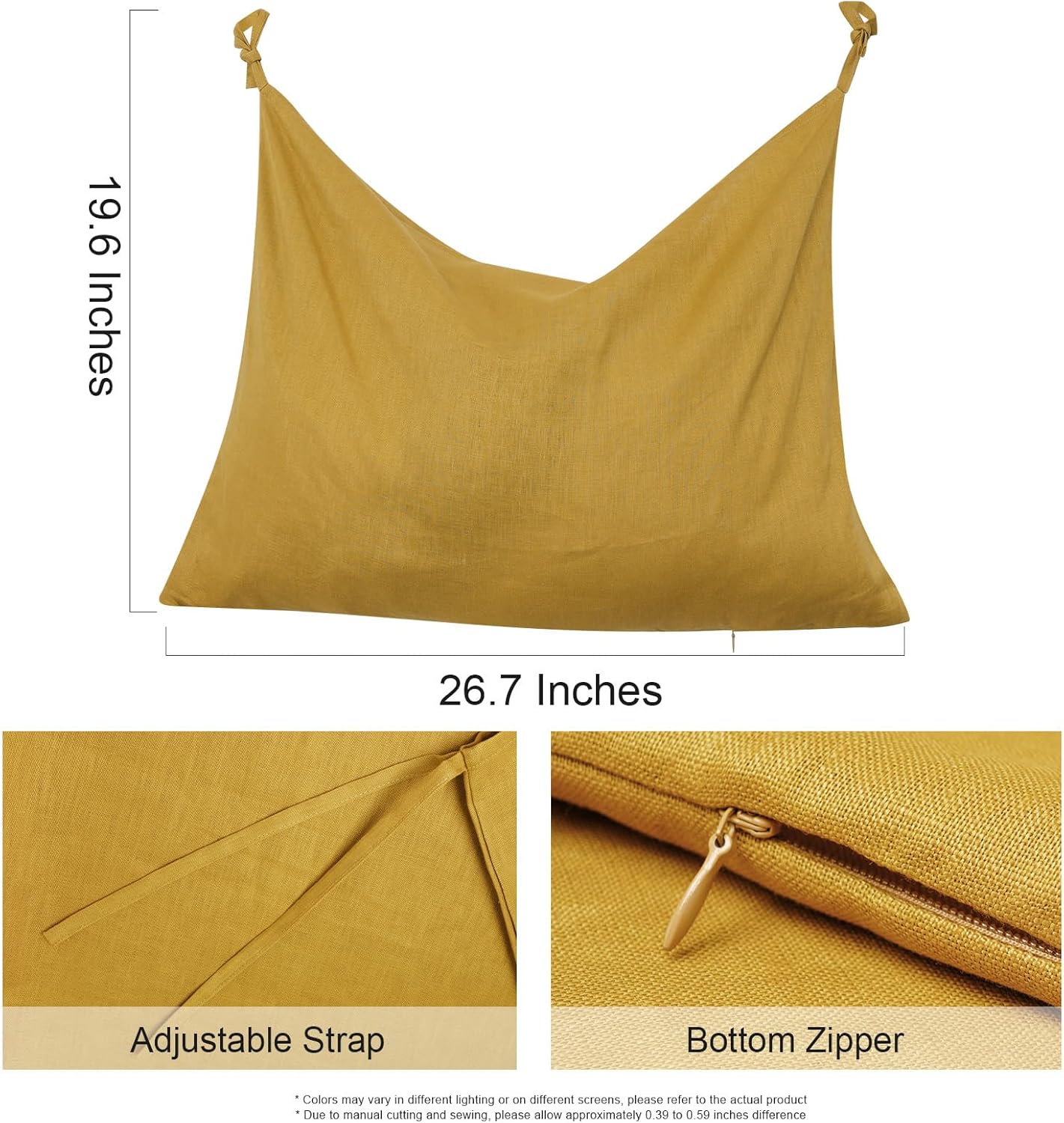 Hanging Linen Laundry Bag, 100% Pure Flax Linen Over The Door Hamper with Bottom Zipper for Laundry Room, Household Dirty Cloth Storage Organizer Bag, Turmeric