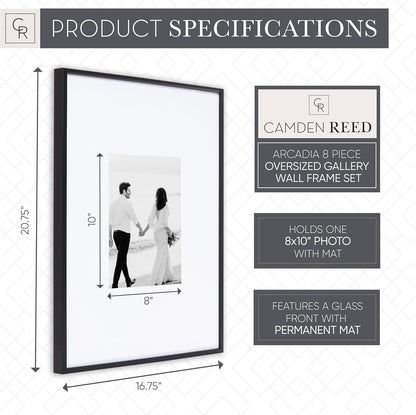 Camden Reed Arcadia 8 Piece Oversized Gallery Wall Frame, 16x20 and 16x16 Inch Matted Frames for Featuring 8x10 and 5x7 Inch Photographs or Art Prints, Black Finish