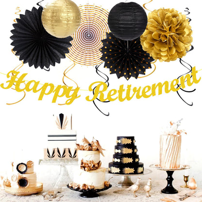 Black Gold Women-Men Happy-Retirement Party-Decorations - 21pcs Celebration Banner,Paper Streamers Lanterns Honeycomb,Tissue Flowers Pom Poms Fan, Classroom Backdrop Supplies Garland Decor Huglony
