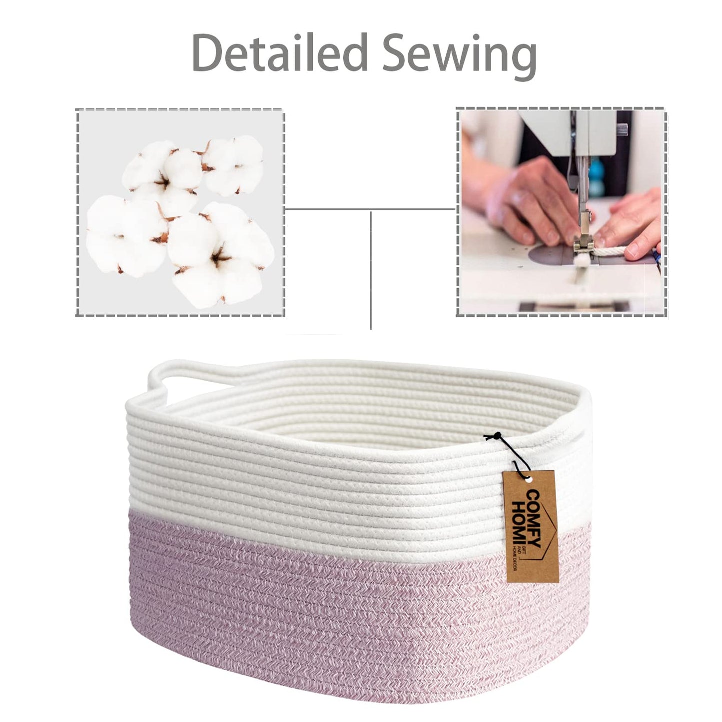 COMFY-HOMI Cotton Rope Woven Medium Basket with Handles for shelf，Cloth Storage Basket for Organizing-13.5X11X9.5 Storage Bin for Bedroom, Newborn or Infant Gift for boy girl （White/Pink）