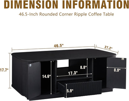 46.5" Oval Coffee Table with Drawers and Storage Mid Century Modern Fluted Solid Wood Side Coffee Tables, Luxury Tea Table Center Table for Living Rooms Offices Apartmen, Black