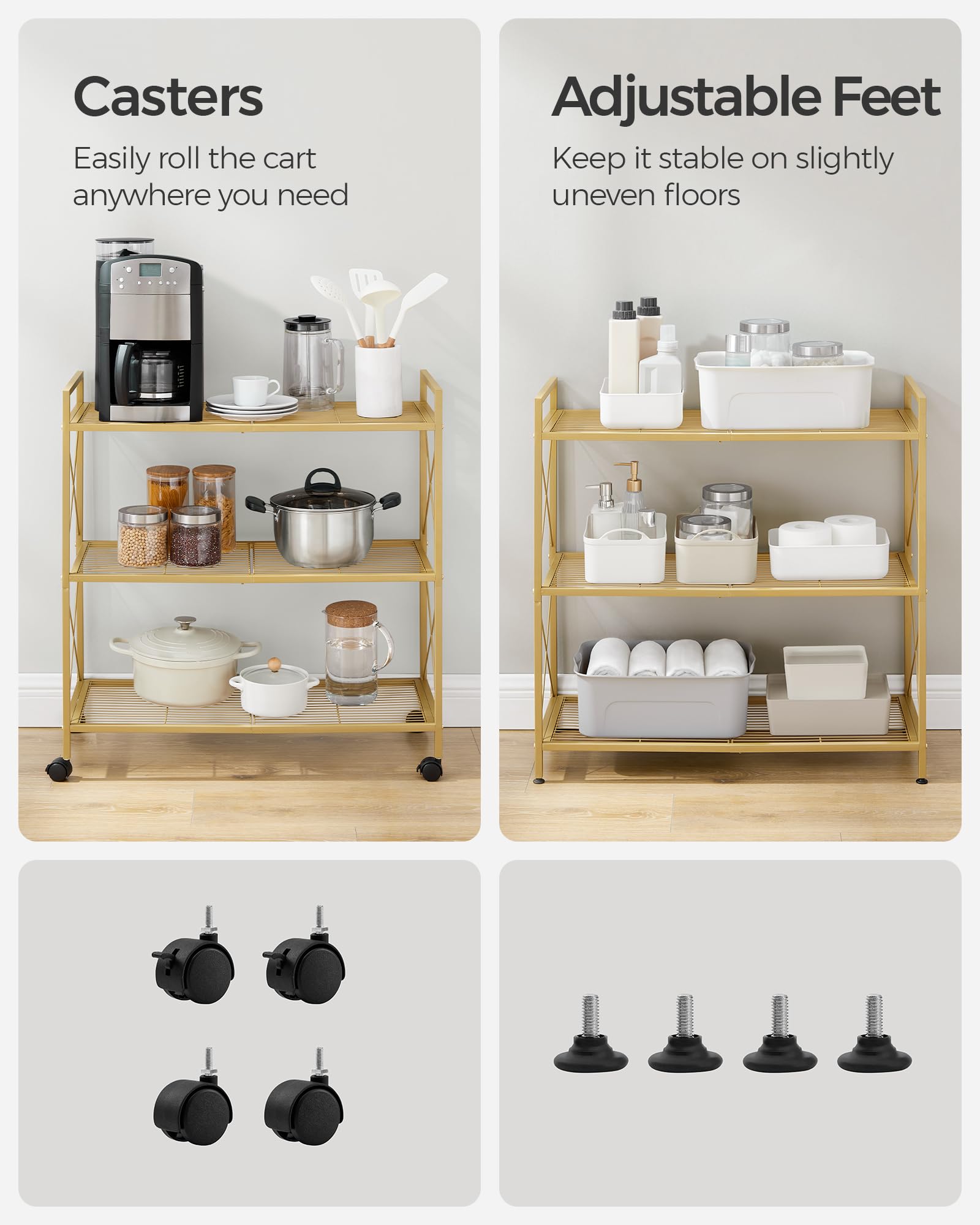 SONGMICS 3-Tier Metal Storage Rack with Wheels, Mesh Shelving Unit with X Side Frames, 31.5-Inch