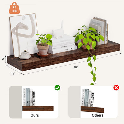 Heimlove 12 Inch Deep Floating Shelves, 48 x 12 inches Long, Large Display & Storage Shelf, Rustic Wood Wall Shelves for Fireplace Mantel, Set of 1(Rustic Brown)