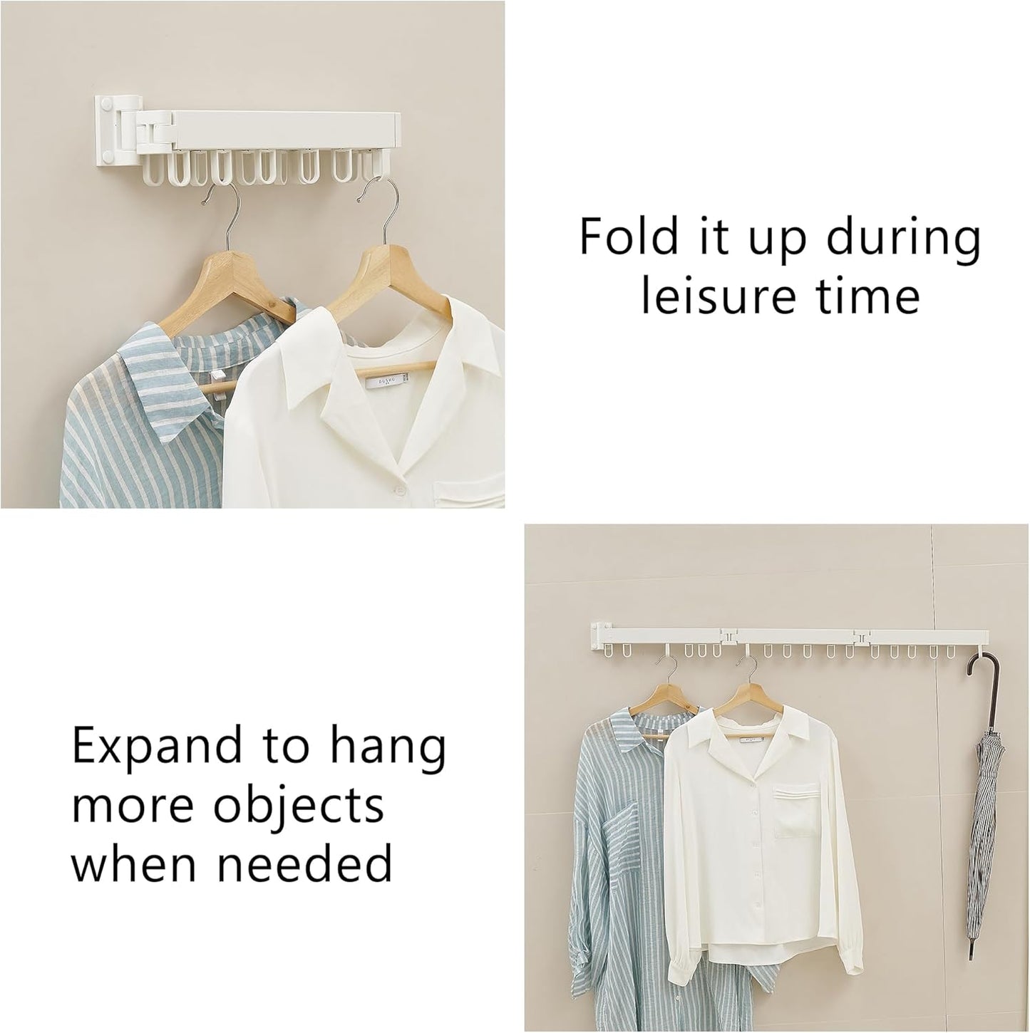 Clothes Drying Rack Wall Mounted, Laundry Drying Rack Collapsible, Space Saving Wall Drying Rack Clothing Foldable, Tri-Fold Retractable Rack Outdoor Indoor with 18 Hooks(White，Loop-Shape Hooks)