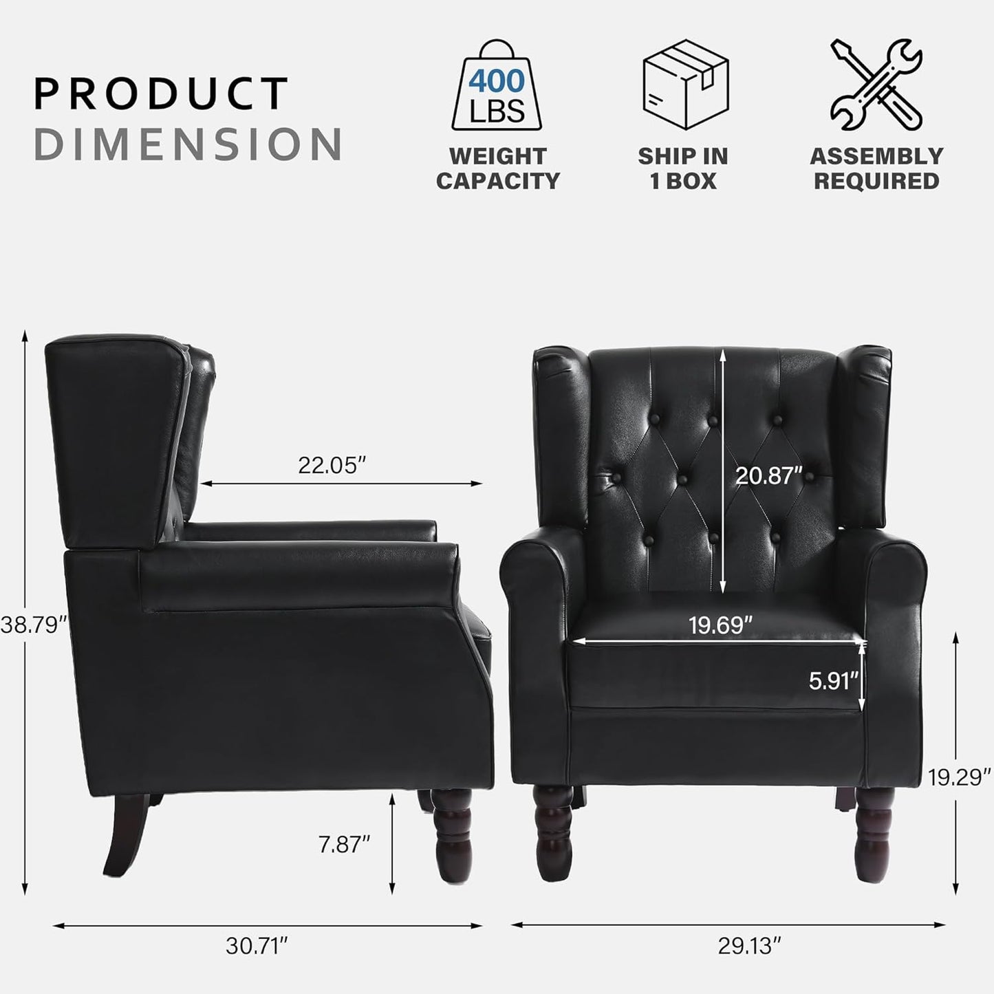 High Back Accent Chair,Upholstered Faux Leather Wingback Armchair with Solid Wood Legs for Small Spaces,Comfy Single Sofa Chair for Living Room,Bedroom,Office-Black