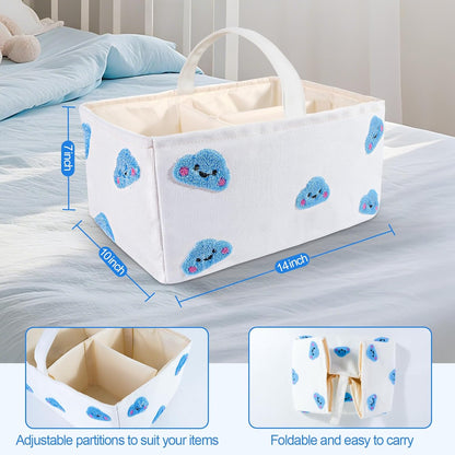 Baby Diaper Caddy Organizer with Handle - Durable Canvas Storage Basket with Cloud Embroidery, Portable Nursery Organizer for Newborn Essentials, Diaper Travel Bag, Baby Shower Basket-Blue