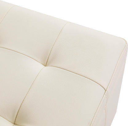 Adeco Faux Leather Storage Ottoman with Hinged Lid, 17.5 Inch High Cream White Square Cube Foot Stool with Storage, Upholstered Vanity Stool with Solid Wood Legs for Living Room, Bedroom, Dorm