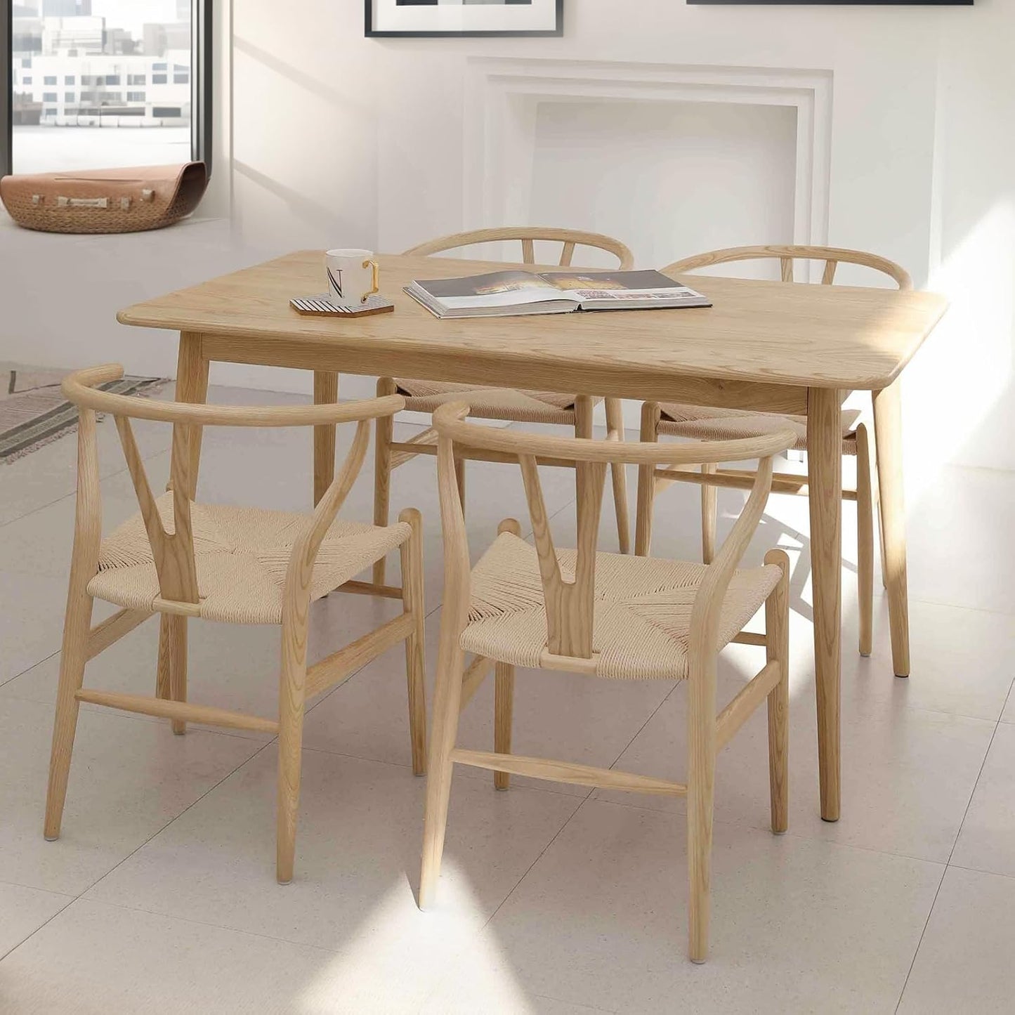 Wishbone Chair Natural Solid Wood Dining Chair/Hans Wegner Y Chair Rattan and Wood Accent Armrest Chairs - Ash Wood Chairs Set of 4 (Ash Wood + Natural Color)