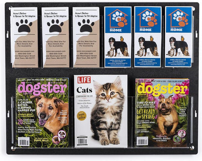 Displays2go Tiered Brochure Rack for Wall, 6-12 Adjustable Pockets, Frameless Acrylic - Black (2RP6BLK)