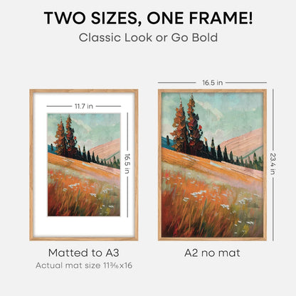 Homeforia A2 Picture Frame Natural Wood, High End Oak 16.5 x 23.4 Wooden Poster Frames Matted to 11.7 by 16.5 Photo, A2 Size Light Wood Frames with Mat A3 for Print, Tempered Glass, Wall Kit, Set of 1