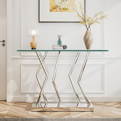 43.3" Glass Modern Console Table, Sturdy Silver Entryway Table with Stainless Steel Base, Rustic Entrance Table, Minimalist Narrow Tables for Living Room & Office